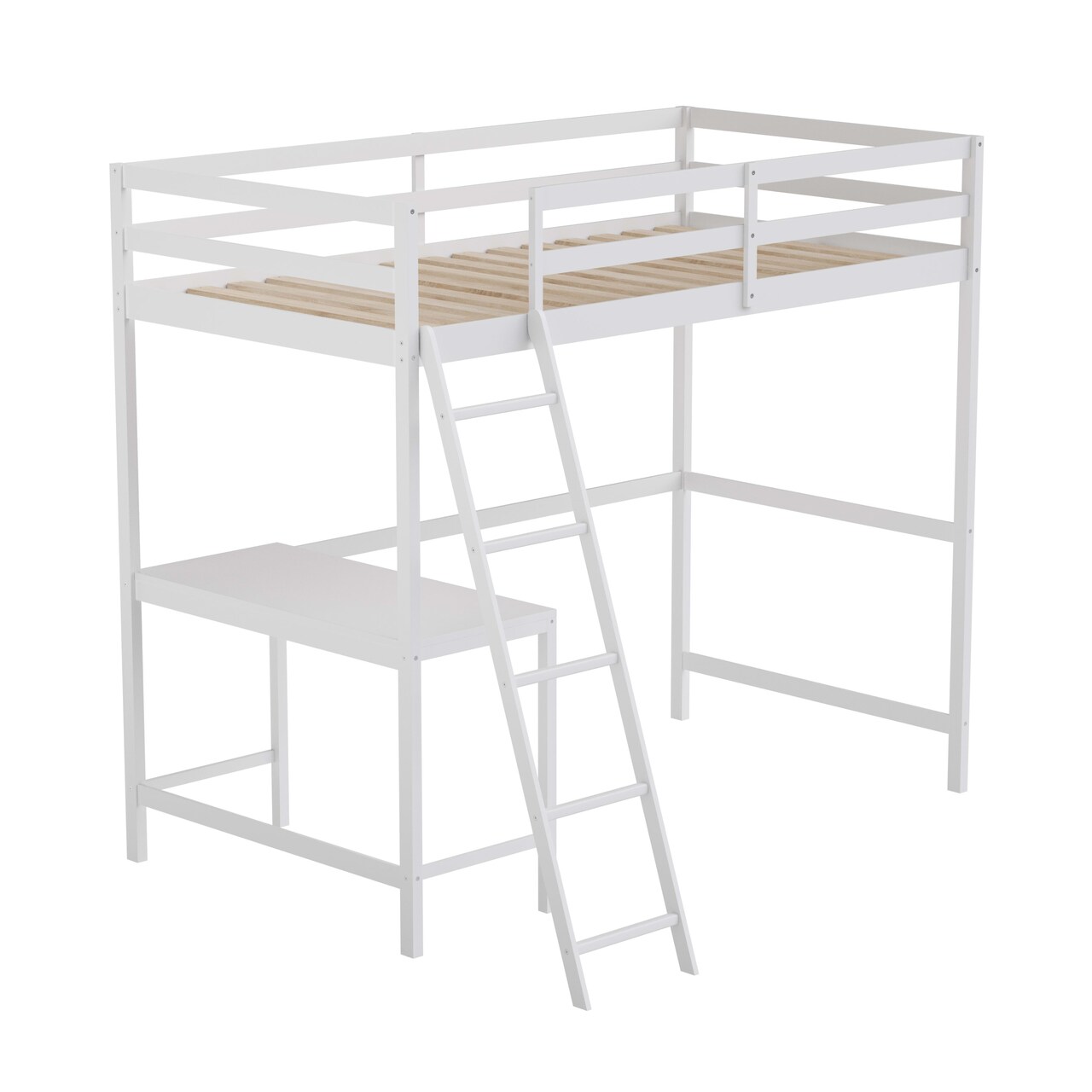 Emma and Oliver Ridley Twin Wood Loft Bed Frame with Protective Guardrails and Integrated Desk and Ladder for Use with Any 6-8" Thick Mattress